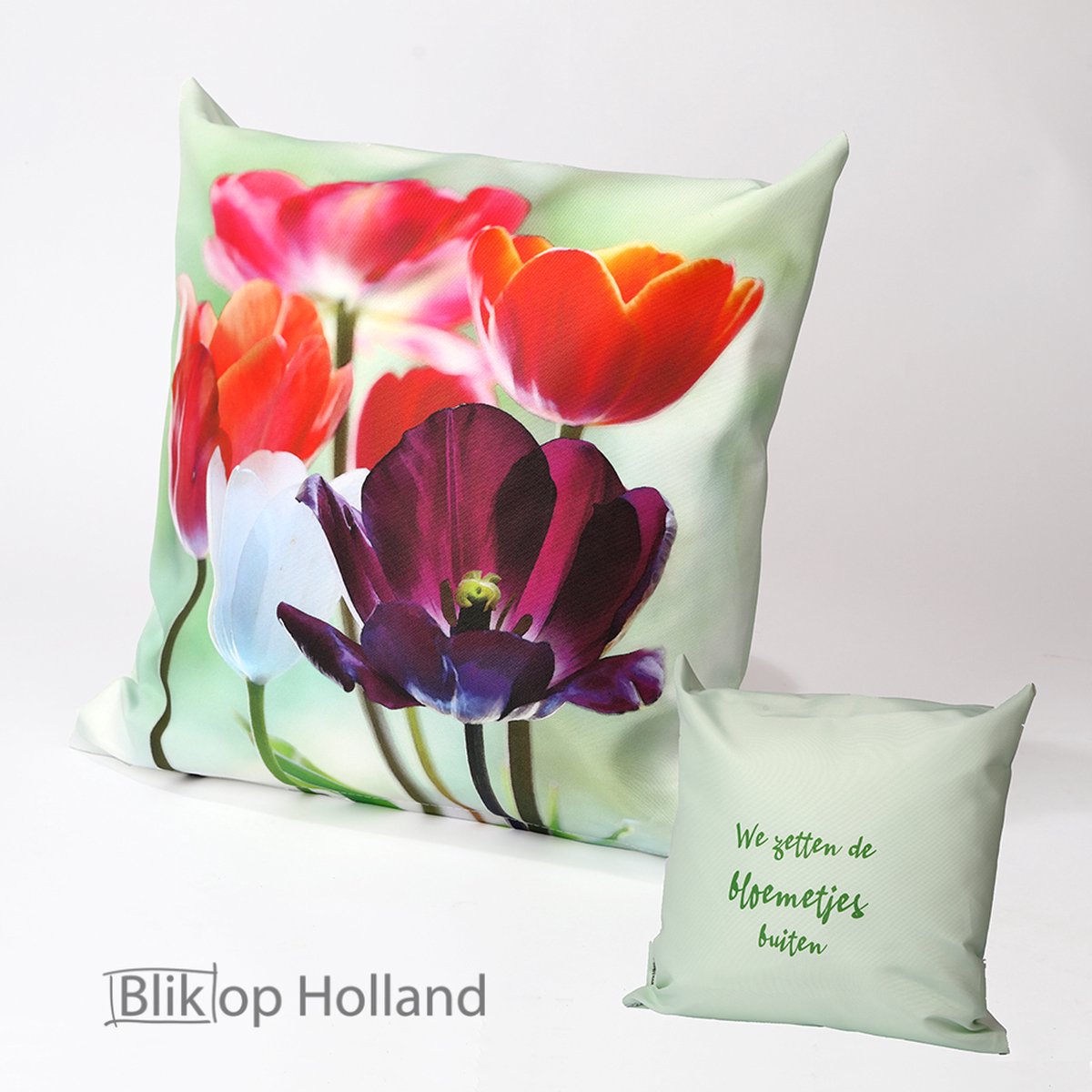 HUGS buitenkussen | tulpen | 50x50 | dubbelzijdig | outdoor kussen | tuinkussen met tekst | terras aankleding | waterafstotend