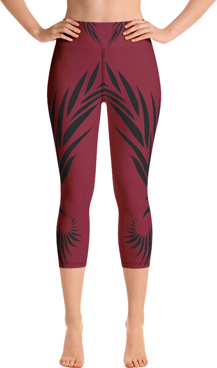 Sportlegging - Capri 3/4 - design Power Up - High Waist - Dry Fit - High Performance - 4way stretch- unieke print - UPF 50+ - Hardloop - Yoga - Fitness - Dans - Pilates - Training - sportbroek - warmrood zwart - maat XS — afbeelding 2