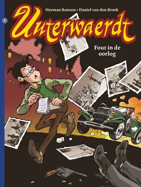 Cover: Tekening van een man met bril, die wegrent met papieren. Een oude auto rijdt voorbij. Titel: Unterwaerdt Fout in de oorlog.