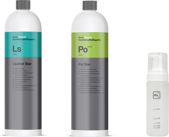 Deux bouteilles de produit nettoyant et un petit vaporisateur étiquetés Koch Chemie.