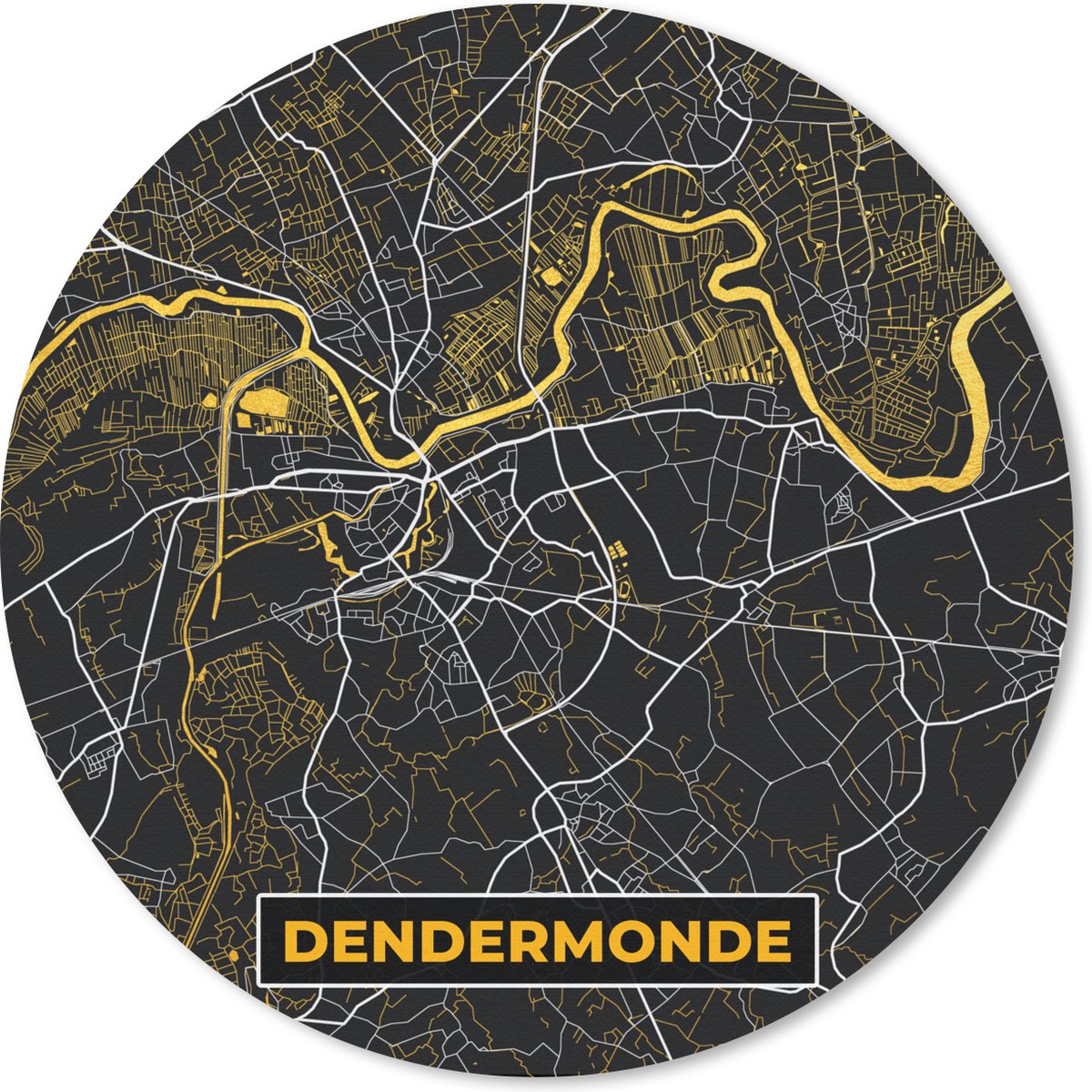 Muismat - Mousepad - Rond - Goud - Dendermonde - Plattegrond - Stadskaart - Kaart - 40x40 cm - Ronde muismat