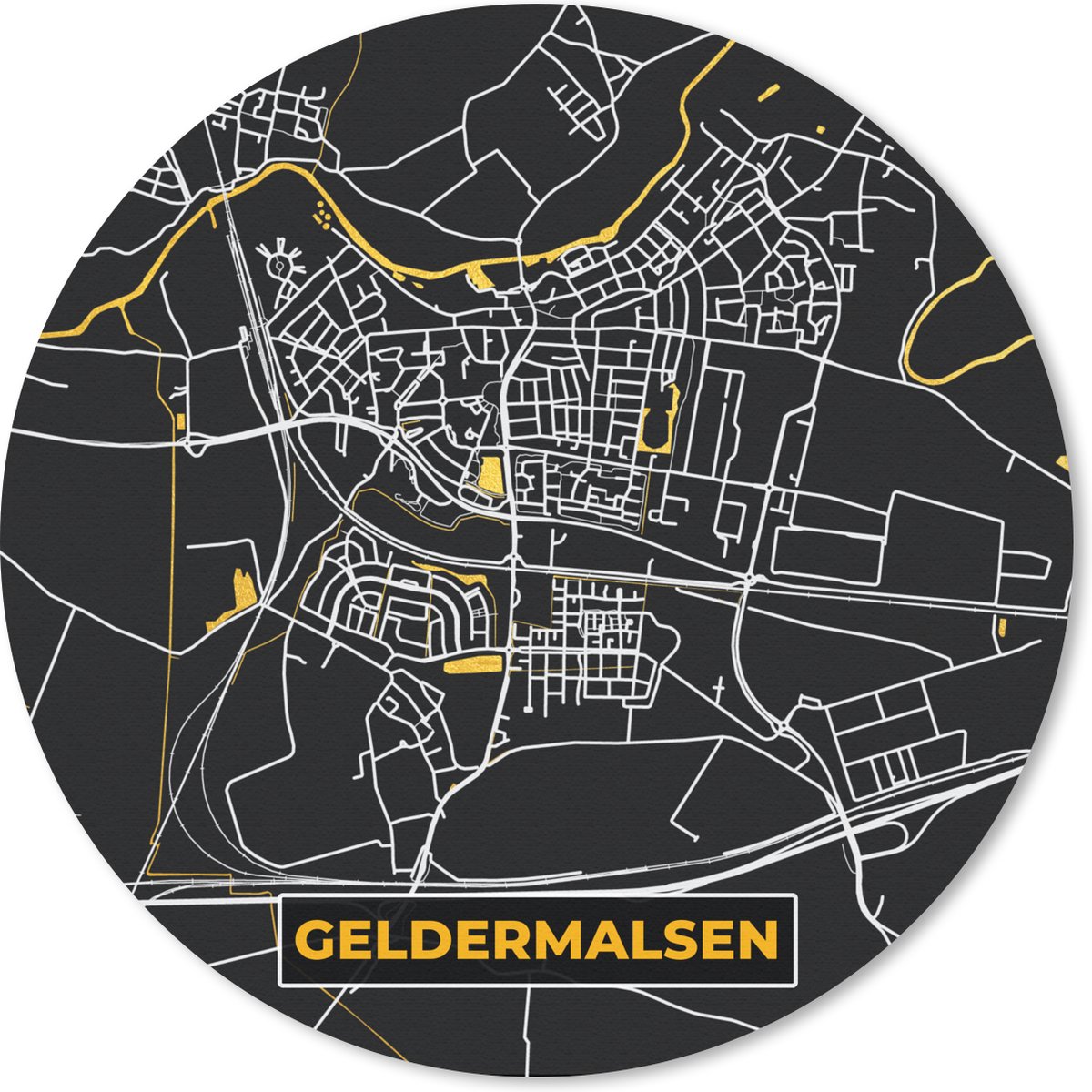 Muismat rond 50x50 cm - Mousepad Black en gold - Geldermalsen - Kaart - Stadskaart - Plattegrond - Ronde muismatten - Stadskaart