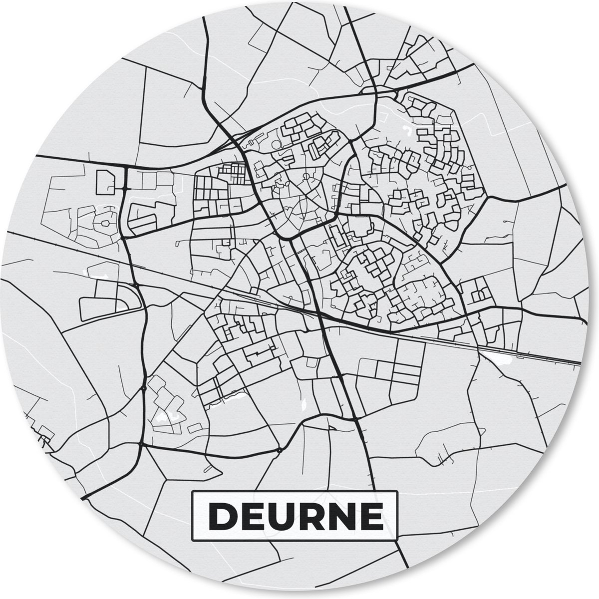 Muismat - Mousepad - Rond - Deurne - Stadskaart -Kaart - Plattegrond - Nederland - Zwart Wit - 50x50 cm - Ronde muismat
