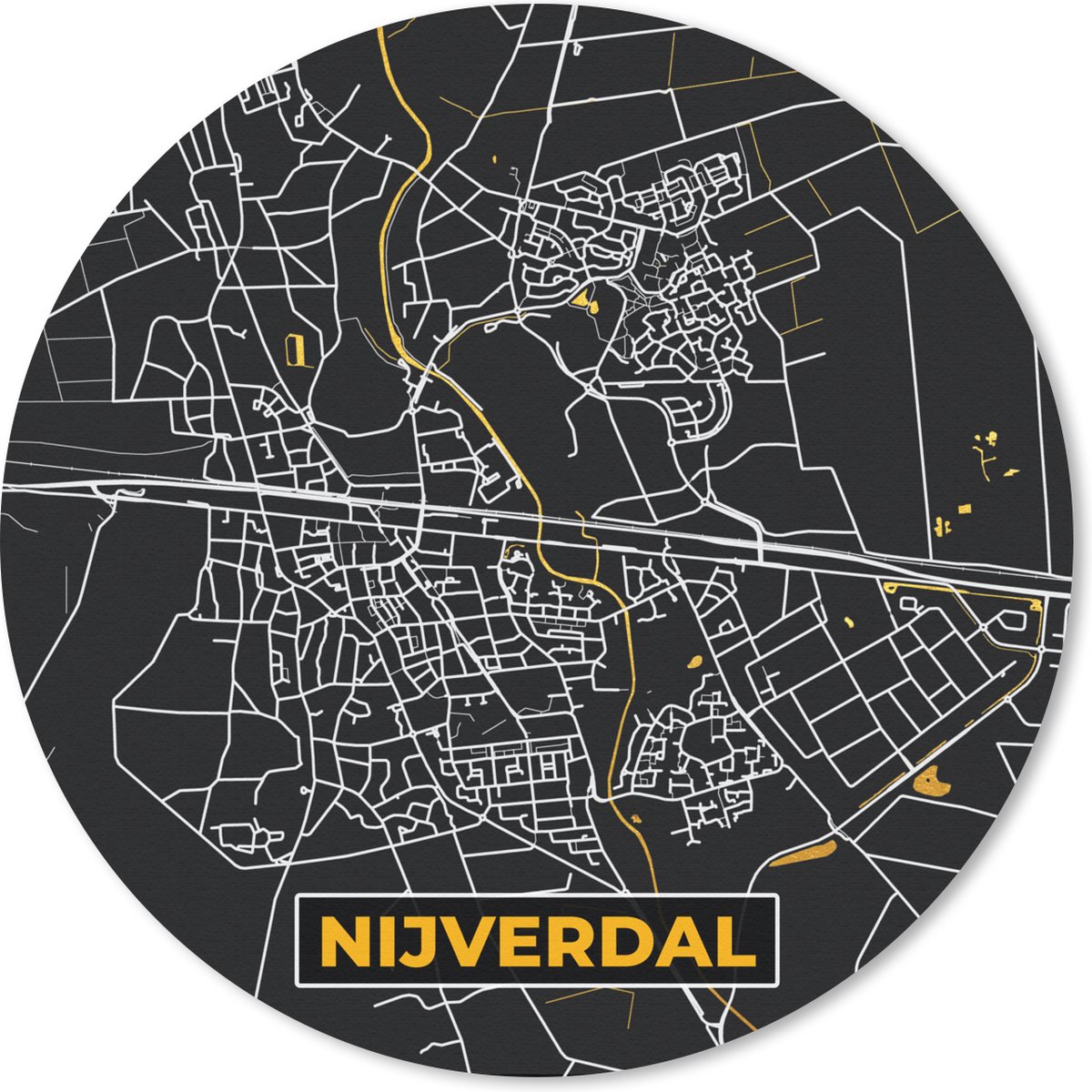 Muismat rond 30x30 cm - Mousepad Nijverdal - Black and Gold - Stadskaart - Plattegrond - Kaart - Ronde muismatten - Stadskaart