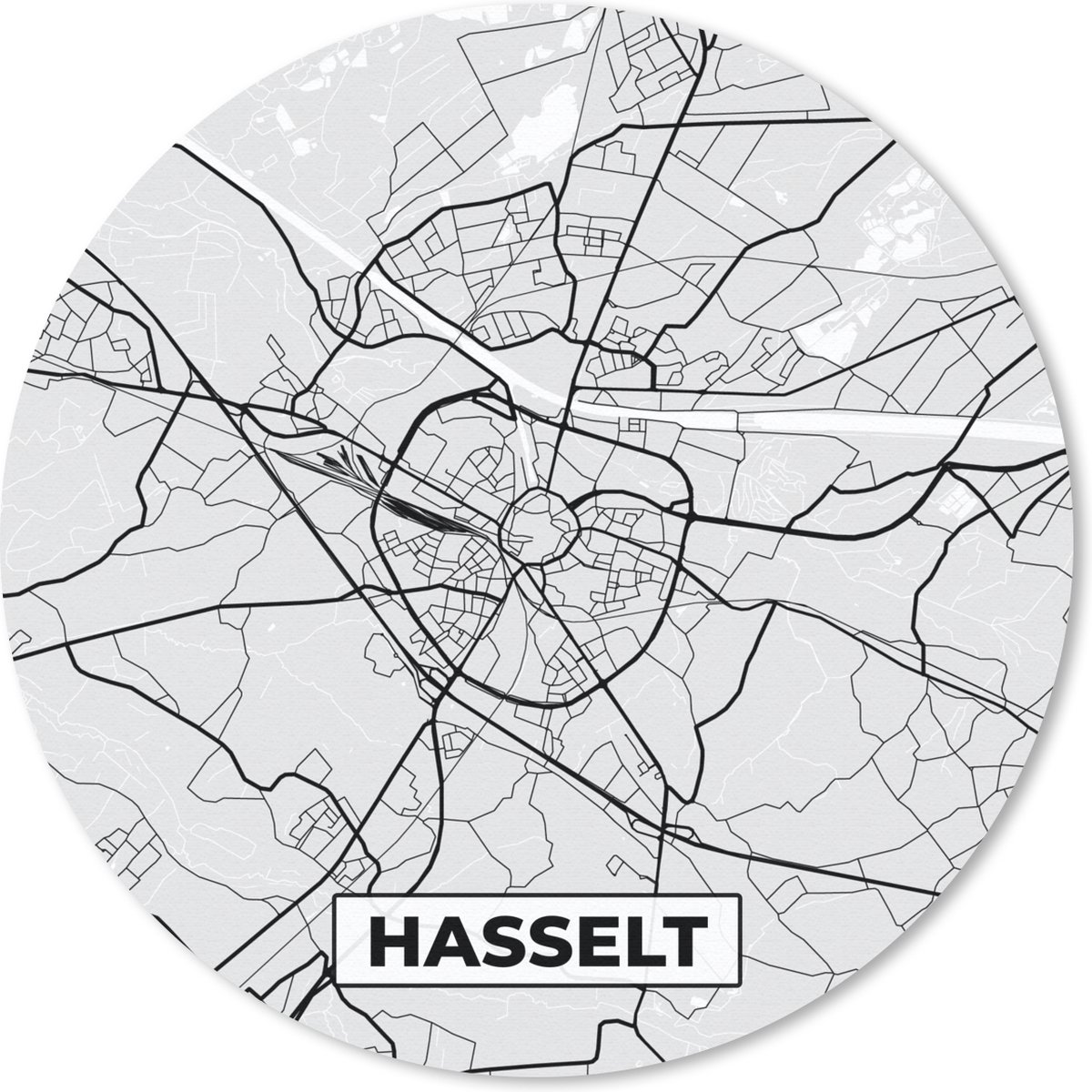 Muismat rond 50x50 cm - Mousepad Stadskaart – Plattegrond – België – Zwart Wit – Hasselt – Kaart - Ronde muismatten - Stadskaart