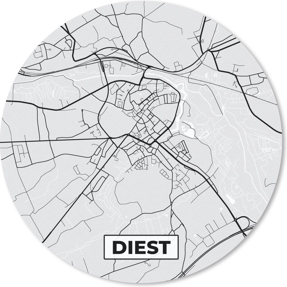 Muismat rond 20x20 cm - Mousepad België – Diest – Stadskaart – Kaart – Zwart Wit – Plattegrond - Ronde muismatten - Stadskaart