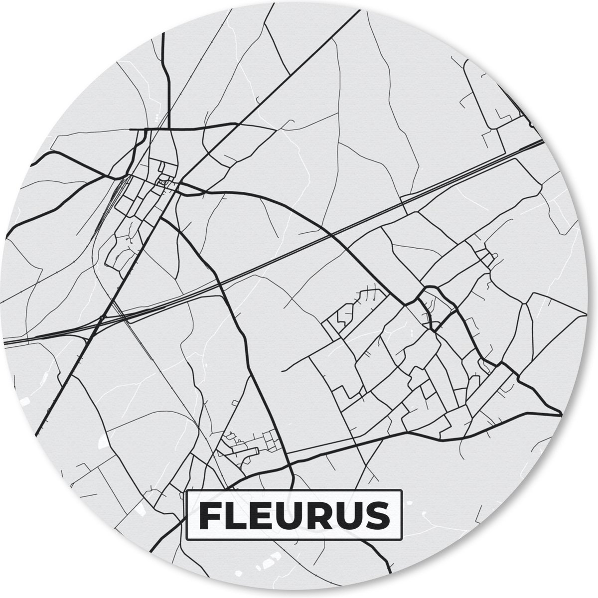 Muismat rond 20x20 cm - Mousepad Stadskaart – Zwart Wit - Kaart – Fleurus – België – Plattegrond - Ronde muismatten - Stadskaart