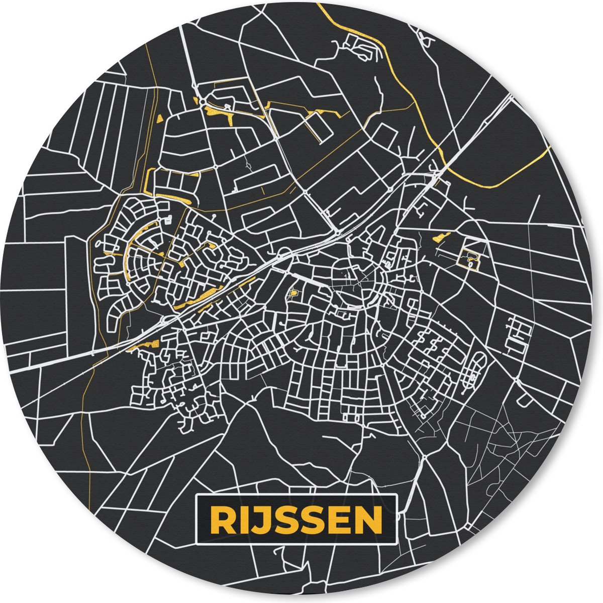 Muismat rond 50x50 cm - Mousepad Rijssen - Plattegrond - Stadskaart - Kaart - Black and Gold - Ronde muismatten - Stadskaart