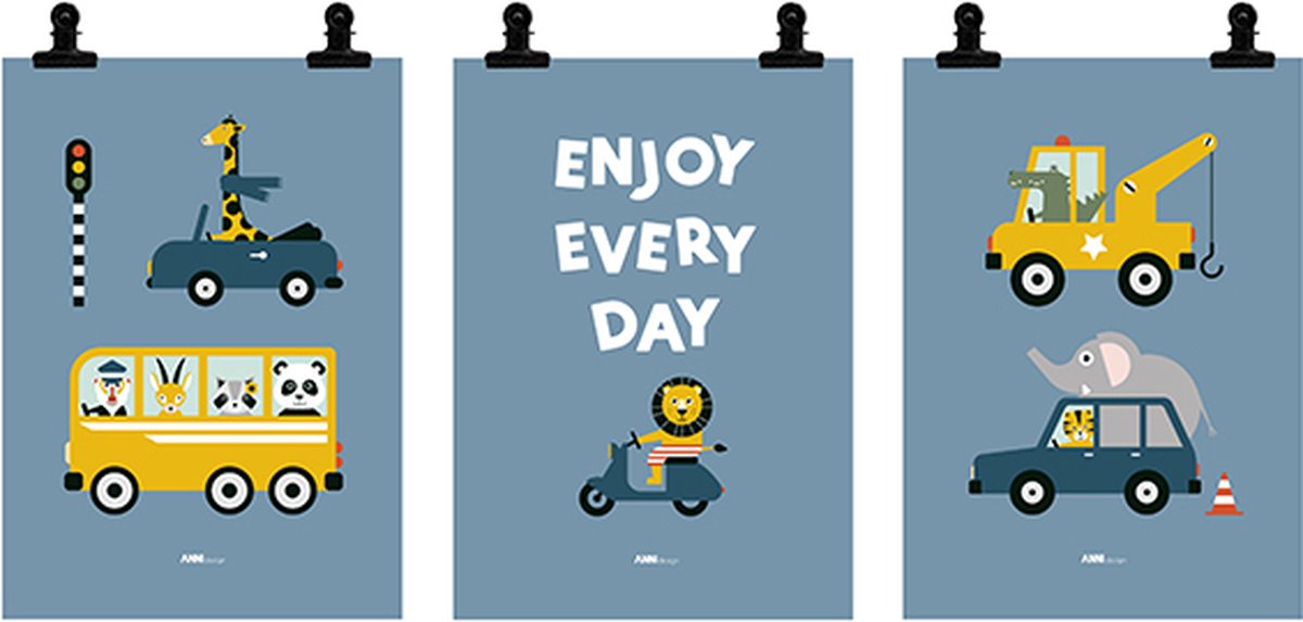 Poster set Dieren onderweg jeans blauw 3x maat A4 - auto - leeuw - bus - takelwagen- krokodil - sportwagen - giraf - dieren - kinderkamer - jongenskamer - muurdecoratie - kinderkamerstyling - kinderkameraccessoire