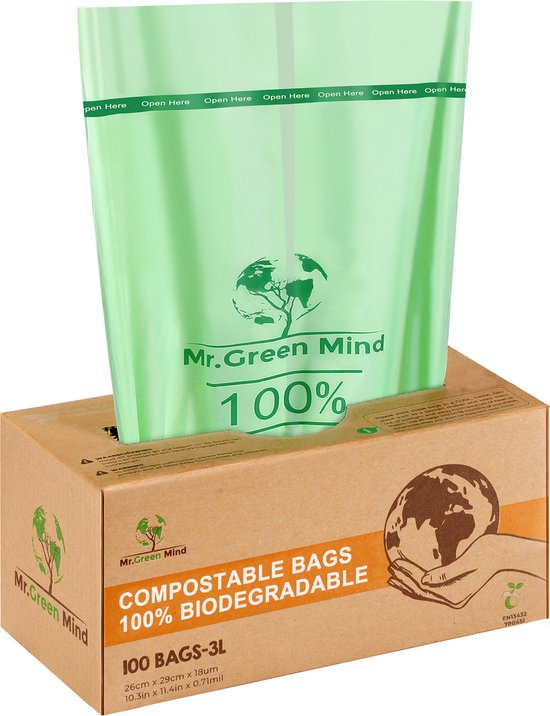 Biozakken 2/3 liter 100 stuks biologisch afbreekbare afvalzakken – 26 x 29 cm - 100% composteerbare vuilniszakken - Incl. dispenser - gft afvalzakken