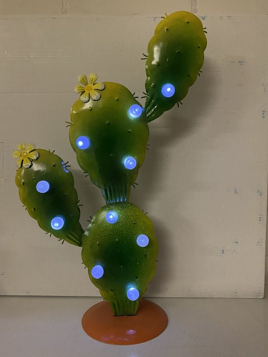 Cactus solarlamp van metaal - met 10 LEDs - hoogte 38x27x11 cm - Op ronde metalen voet - groen - Tuinverlichting - Solarlampen