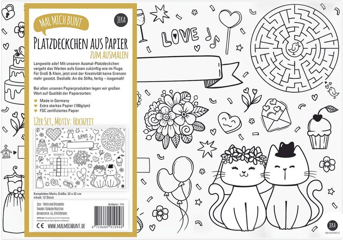 Set de table en papier / Coloriage - Mariage / Mariage / Fête (12 pcs