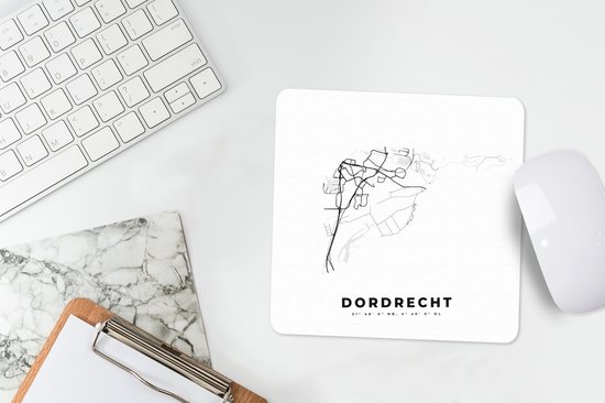 Muismat 20x20 cm - Mousepad Stadskaart – Zwart Wit - Kaart – Dordrecht – Nederland – Plattegrond - Muismatten - Stadskaart