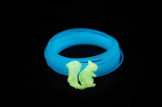 Gloeien in het donker filamentrol met blauwe kleur, met twee groene eekhoorns.
