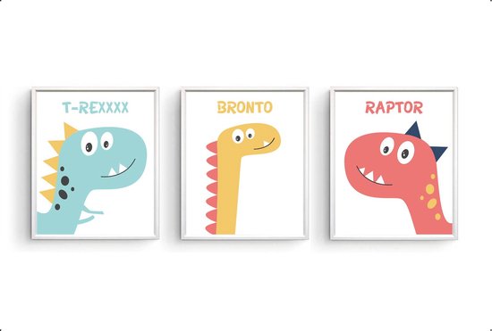 Poster Set 3 Getekende dinosaurussen t-rex bronto raptor / Dinosaurus / Baby - Kinderkamer  / Dieren Poster / Babykamer - Kinderposter 70x50cm