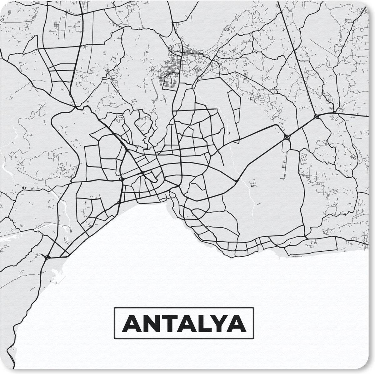 Muismat 20x20 cm - Mousepad Antalya - Stadskaart - Plattegrond - Zwart Wit - Kaart - Muismatten - Stadskaart