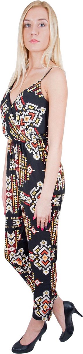 John Zack - Zwarte Jumpsuit met Patroon en Schouderbanden / L