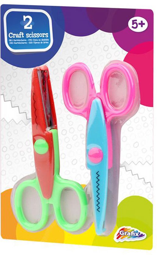 Twee kinderschaartjes, rood/groen en roze/blauw, met gekartelde rand.