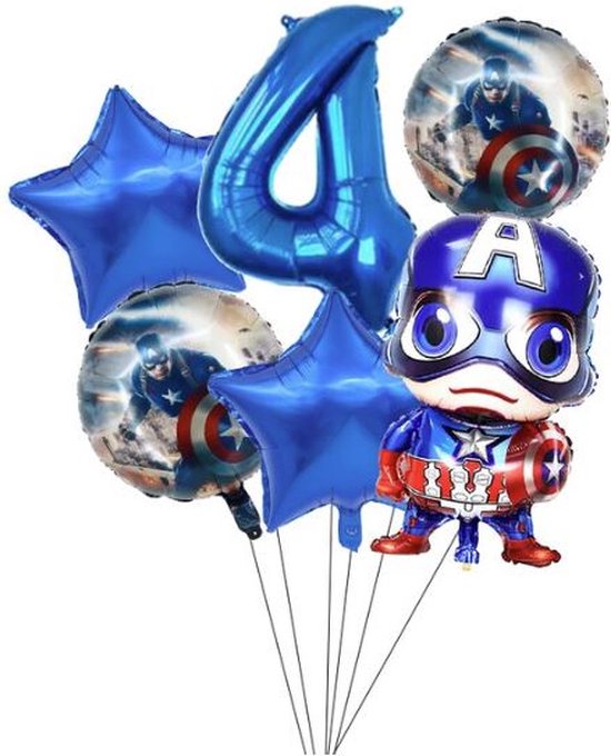 Captain America folie ballon -ballonnen set van 6 - Marvel Avengers - verjaardag -thema - kinderfeest -superhelden - getal - 4 jaar