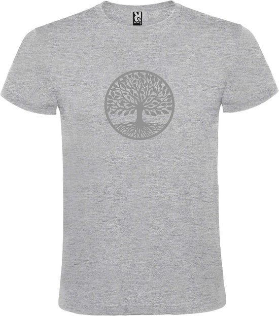Grijs T shirt met print van " mooie Levensboom " print Zilver size M