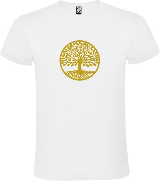 Wit T shirt met print van " mooie Levensboom " print Goud size S