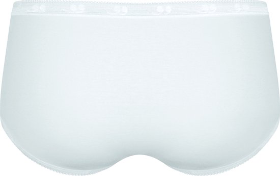 Achterkant van een witte Sloggi midi slip met een ingeweven patroon in de kanten tailleband.
