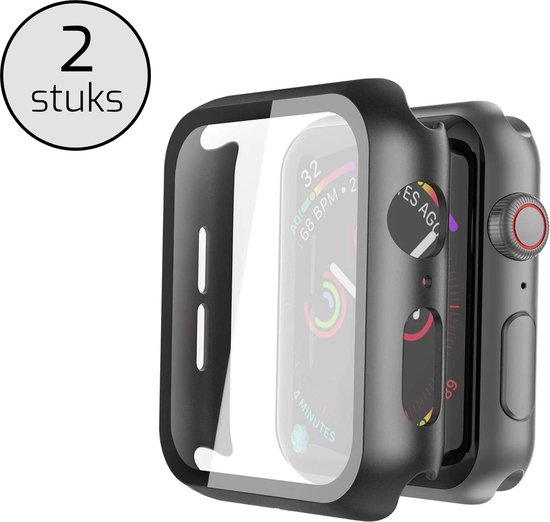 Twee zwarte Apple Watch beschermhoezen, waarvan één gedemonteerd is.