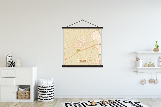 Porte-affiche avec affiche - Affiche scolaire - Carte - Carte - Vintage - Made - Plan de la ville - 90x90 cm - Lattes noires - Carte