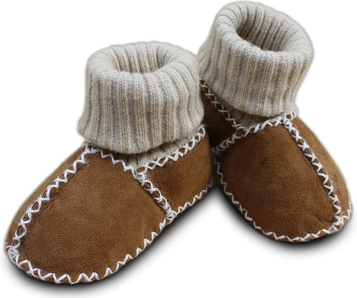 WOOOL® Schapenvacht Slofjes - Baby - Bruin (16/17) 100% Echt Leer en Schapenwol - ECO+
