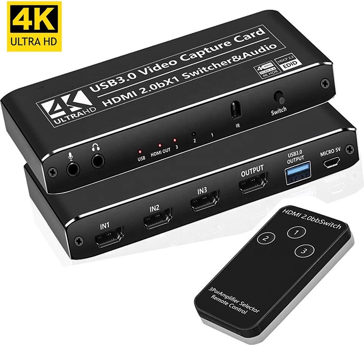 SBVR OZC6 - HDMI switch met Video Capture Functie - VDCP-3 - 3 naar 1 - HDMI2.0 - 4K 60Hz - USB3.1 - Audio/Mic uitgang