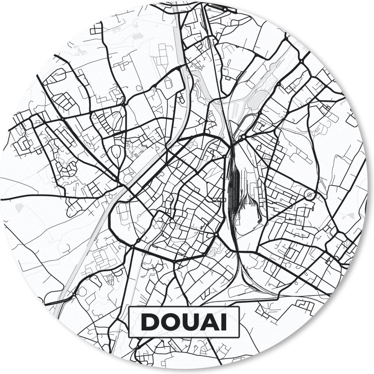 Muismat rond 40x40 cm - Mousepad Frankrijk - Douai - Stadskaart - Plattegrond - Kaart - Zwart wit - Ronde muismatten - Stadskaart