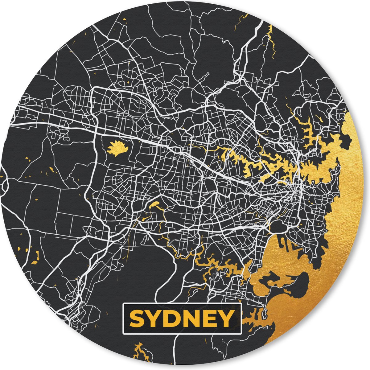 Muismat rond 30x30 cm - Mousepad Sydney - Goud - Plattegrond - Stadskaart - Kaart - Ronde muismatten - Stadskaart