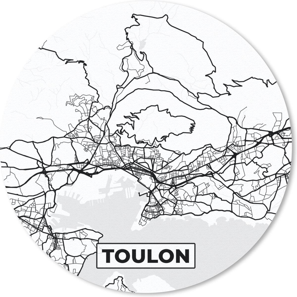 Muismat rond 30x30 cm - Mousepad Toulon - Stadskaart - Frankrijk - Kaart - Plattegrond - Zwart wit - Ronde muismatten - Stadskaart