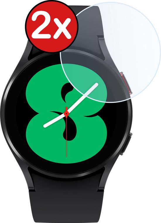 Zwarte smartwatch met groene wijzerplaat. Een beschermfolie wordt getoond met "2x".