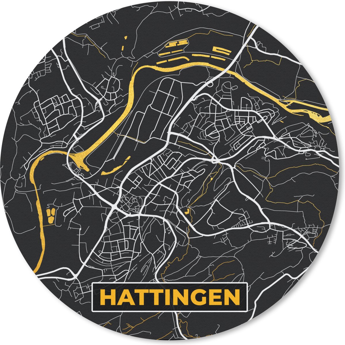 Muismat rond 40x40 cm - Mousepad Black and Gold – Stadskaart – Hattingen – Duitsland – Plattegrond – Kaart - Ronde muismatten - Stadskaart