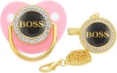 Fopspeen met clip- BOSS - 0 - 18 Maanden - Roze / Goud - Silica gel - Luxe fopspeen met diamanten - Baby geschenk