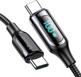 DrPhone TITAN5 USB C naar USB C Nylon Gevlochten Kabel met LED Display - 100W PD 5A QC 3.0/4.0 – 480 Mbps Dataoverdracht – Oplader - Oplaadkabel – 1 meter – Zwart