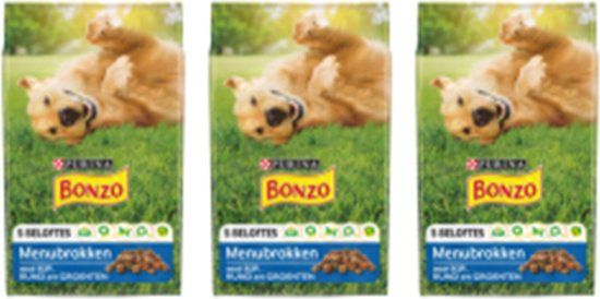 Verpakking met de tekst "BONZO MenuBrokken Kip met Rijst en Groenten". Een bruine hond rolt zich op het gras.