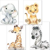 Poster set | 4 Stuks | Dieren | Kinderkamer | Junglethema | A4-formaat | Olifant, zebra, leeuw & giraffe