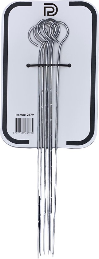 Zes metalen barbecue-spiezen op een witte verpakking met het PD-logo.