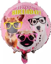 Grote ronde folie ballon met de tekst Happy Birthday en 3 honden afbeeldingen - hond - huisdier - ballon - verjaardag