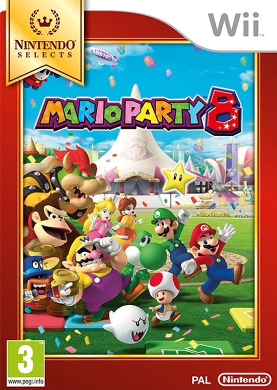 Nintendo Wii spel: Mario Party 8, met Mario, Luigi, Peach en Bowser, plus andere personages, op een feestelijke kermis.