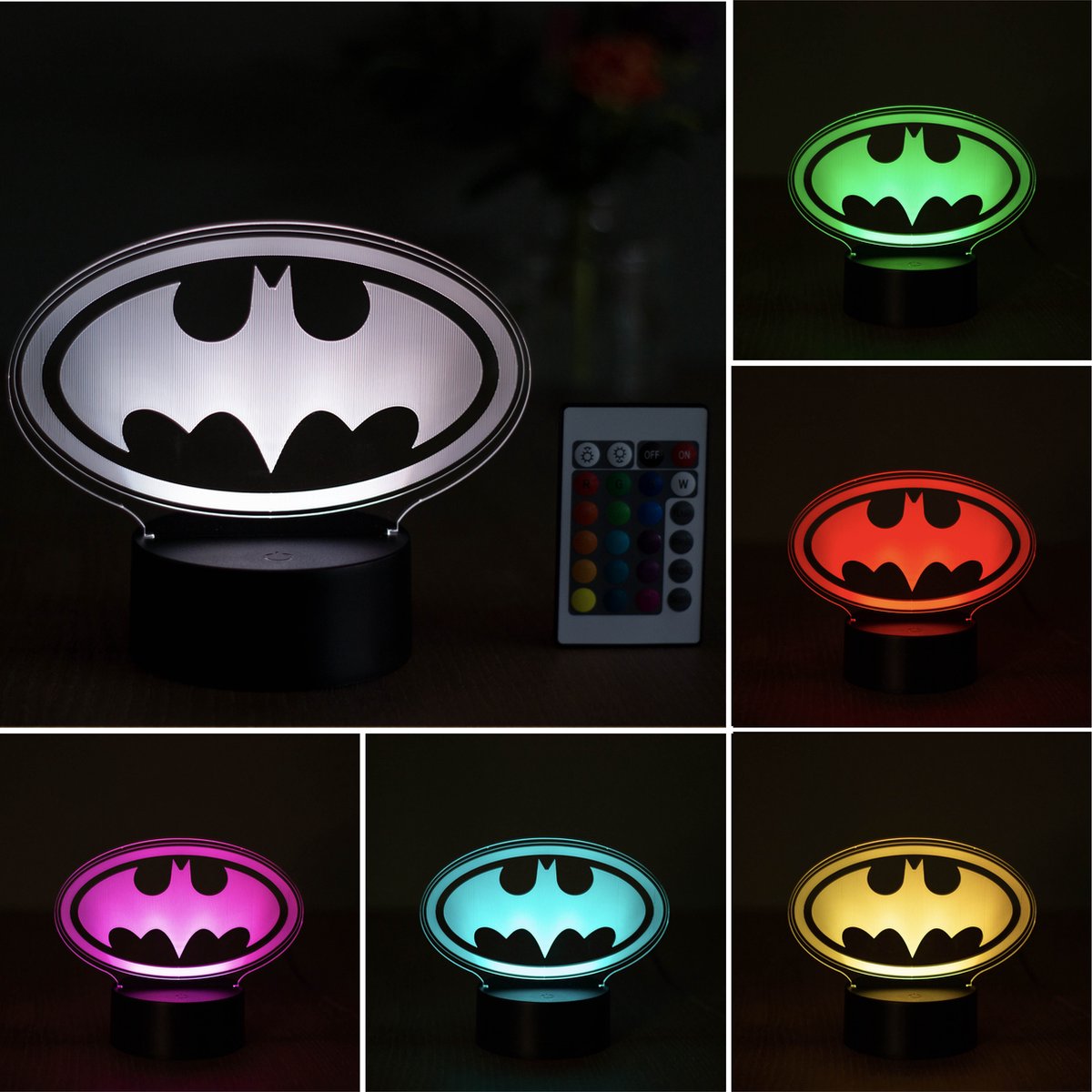 Klarigo®️ Nachtlamp – 3D LED Lamp Illusie – 16 Kleuren – Bureaulamp – DC Universe – Sfeerlamp - Batman Logo – Nachtlampje Kinderen – Creative lamp - Afstandsbediening