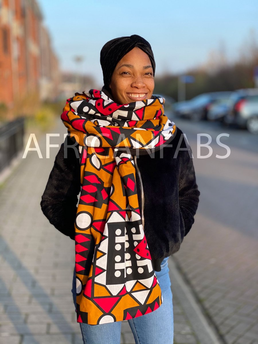 Warme Sjaal met Afrikaanse print Unisex - Mosterd Rode Samakaka - Winter sjaal / Fleece sjaal / Afrika print