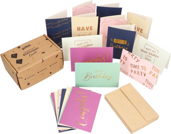 Partizzle 48x Luxe Verjaardagskaarten met Envelop Set - Wenskaarten