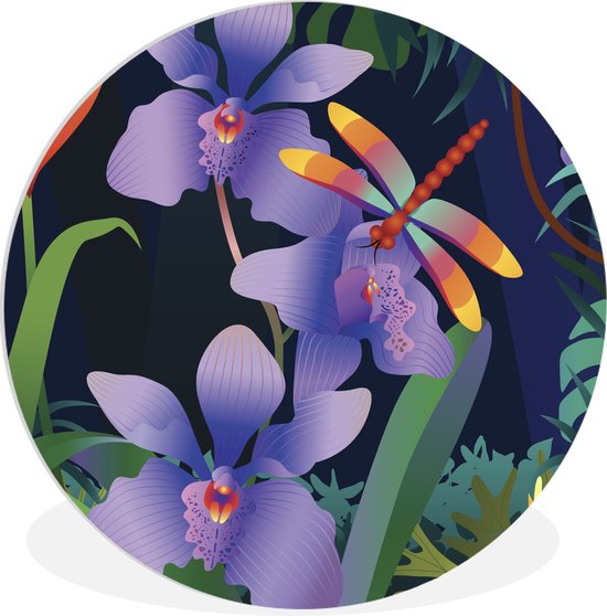 WallCircle - Wandcirkel ⌀ 90 - Een vectorillustratie van het regenwoud met een paarse orchidee - Ronde schilderijen woonkamer - Wandbord rond - Muurdecoratie cirkel - Kamer decoratie binnen - Wanddecoratie muurcirkel - Woonaccessoires