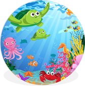 WallCircle - Wandcirkel ⌀ 60 - Kinderillustratie van zwemmende waterdieren - Ronde schilderijen woonkamer - Wandbord rond - Muurdecoratie cirkel - Kamer decoratie binnen - Wanddecoratie muurcirkel - Woonaccessoires
