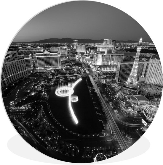 WallCircle - Wandcirkel ⌀ 30 - Zwart wit stadsgezicht van Las Vegas - Ronde schilderijen woonkamer - Wandbord rond - Muurdecoratie cirkel - Kamer decoratie binnen - Wanddecoratie muurcirkel - Woonaccessoires