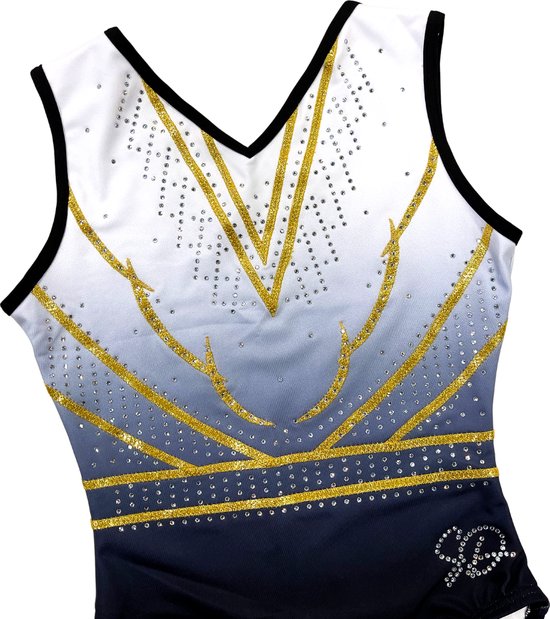 Sparkle&Dream Turnpakje Gina Zwart Wit Goud - INT maat 110/116 - Gympakje voor turnen, acro, trampoline en gymnastiek.