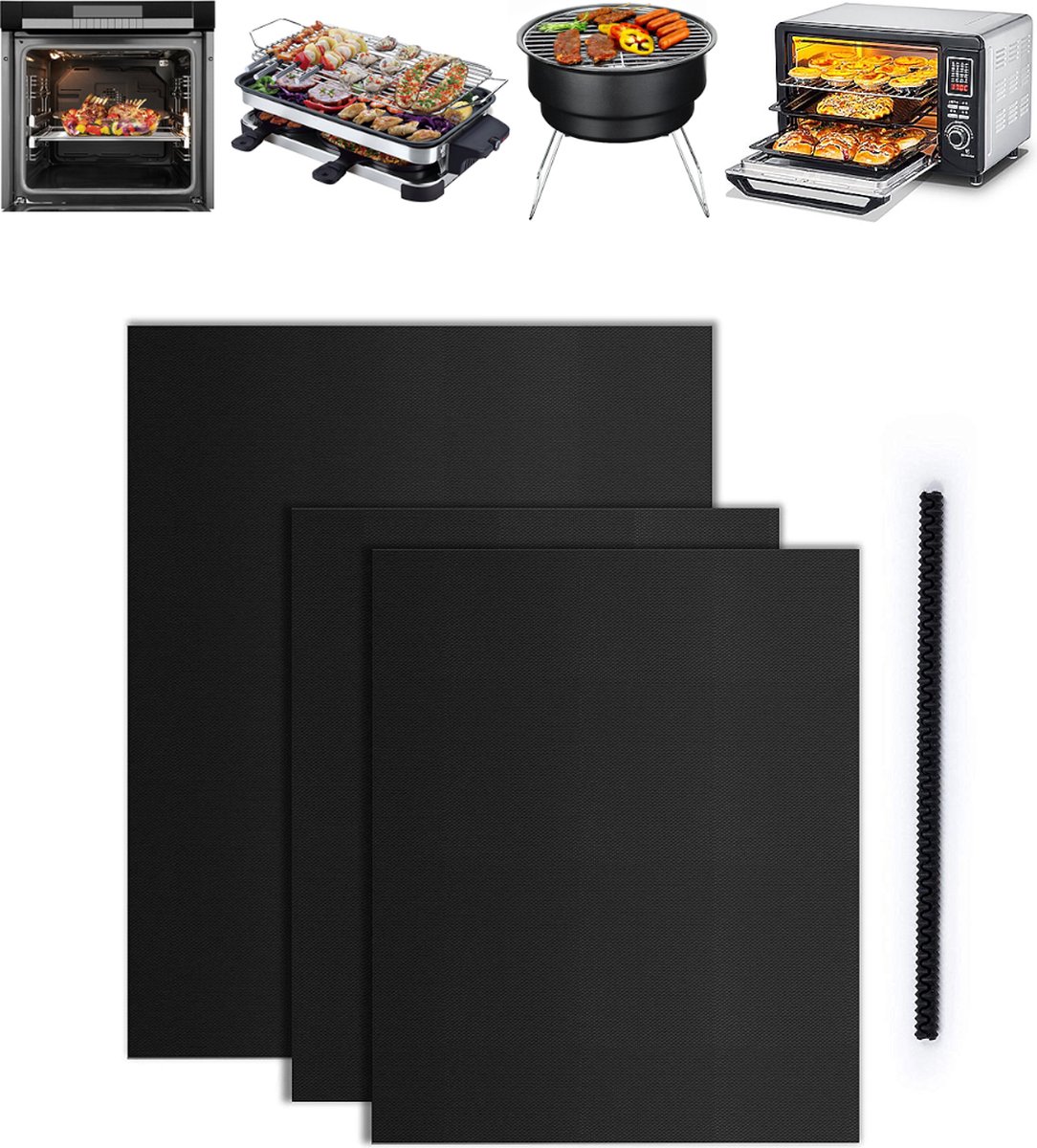 OUTERDO BBQ mat - Bakmat - Ovenmat - BBQ Matjes - Grill mat - Antikleef Herbruikbaar - met 1 anti-scald Silicone Strips - 3 Stuks - Zwart